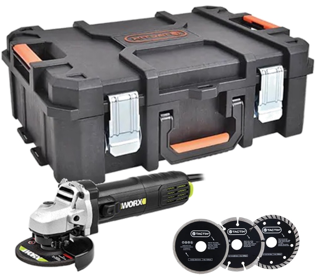 משחזת זוית 4.5" 720W + ארגז טכנאים מקצועי + 3 דיסקים לבטון