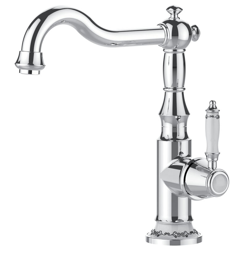 ברז קשת לכיור עם פיה מסתובבת בשילוב פורצלן דגם 6003 ניקל  